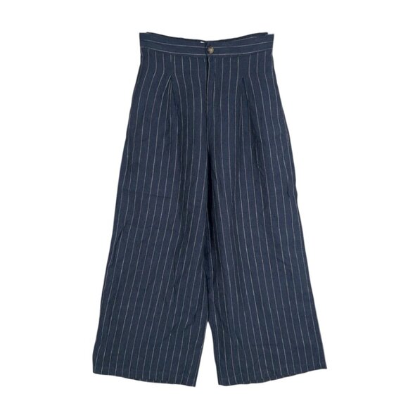 H Halston Womens Size 4 Blue Pinstripe High Rise Wide Leg 100% Linen Pants - Picture 1 of 6
